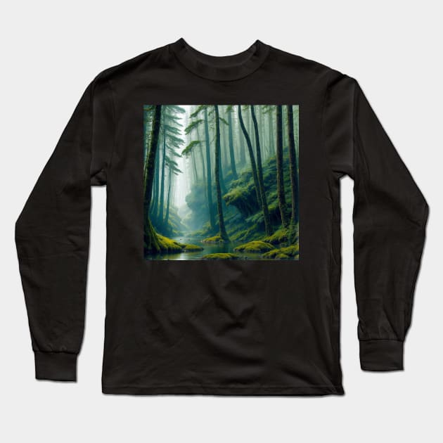 Temperate Rainforest River in the Mist Long Sleeve T-Shirt by CursedContent